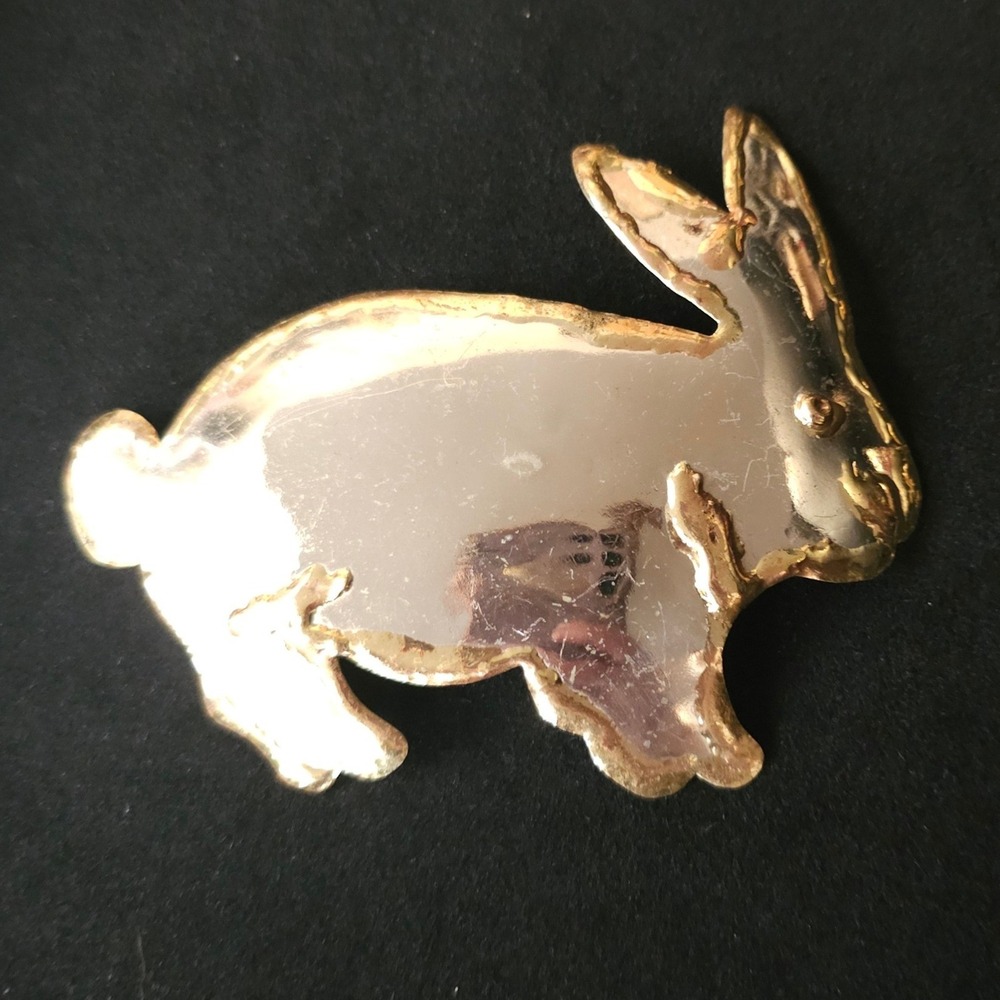 Vtg Rabbit Brooch Silver Gold Tone 4" Statement Pendant Bunny Mexico Folk Art